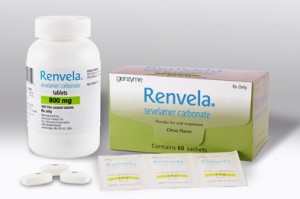 Renvela package of powder and pills on surface