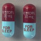 Image of the 30 mg capsule of Restoril which is light blue and maroon and says boldly FOR SLEEP.